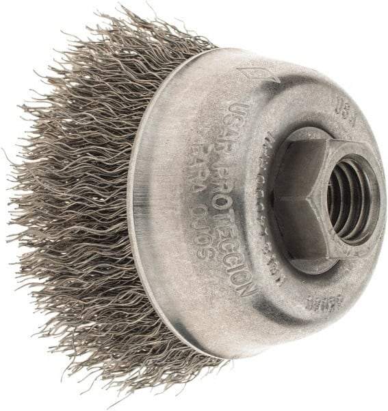 Osborn - 2-3/4" Diam, 5/8-11 Threaded Arbor, Steel Fill Cup Brush - 0.014 Wire Diam, 1" Trim Length, 14,000 Max RPM | Apex Tool & Supply