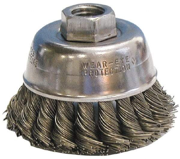 Anderson - 4" Diam, 5/8-11 Threaded Arbor, Steel Fill Cup Brush - 0.025 Wire Diam, 1-1/4" Trim Length, 9,000 Max RPM - Apex Tool & Supply