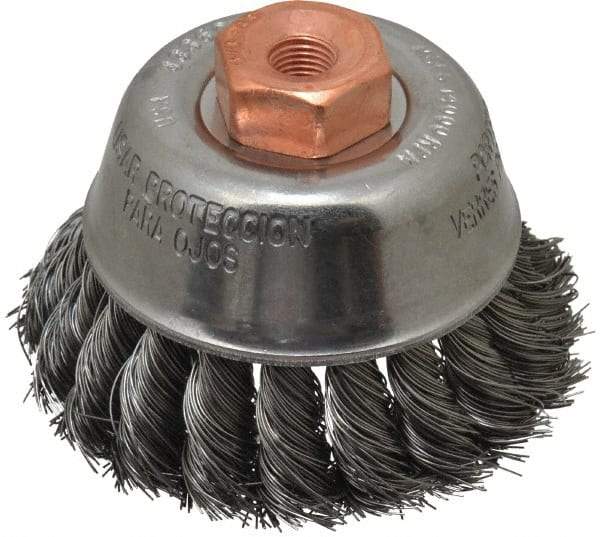 Osborn - 2-3/4" Diam, 3/8-24 Threaded Arbor, Steel Fill Cup Brush - 0.014 Wire Diam, 14,000 Max RPM - Apex Tool & Supply