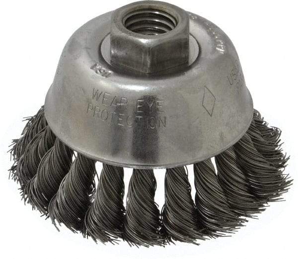 Osborn - 2-3/4" Diam, 5/8-11 Threaded Arbor, Steel Fill Cup Brush - 0.014 Wire Diam, 14,000 Max RPM - Apex Tool & Supply