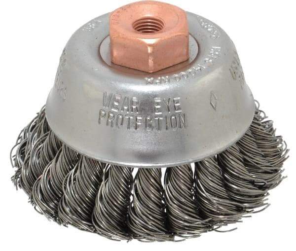 Osborn - 2-3/4" Diam, 3/8-24 Threaded Arbor, Steel Fill Cup Brush - 0.02 Wire Diam, 14,000 Max RPM - Apex Tool & Supply