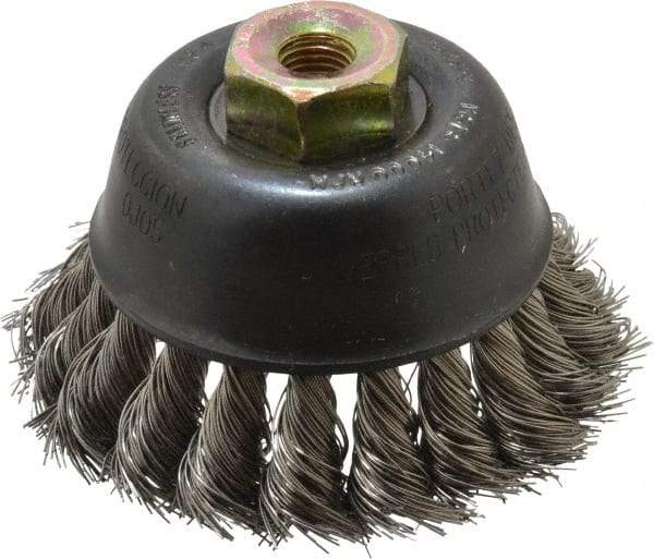 Osborn - 2-3/4" Diam, M10x1.25 Threaded Arbor, Stainless Steel Fill Cup Brush - 0.014 Wire Diam, 14,000 Max RPM - Apex Tool & Supply