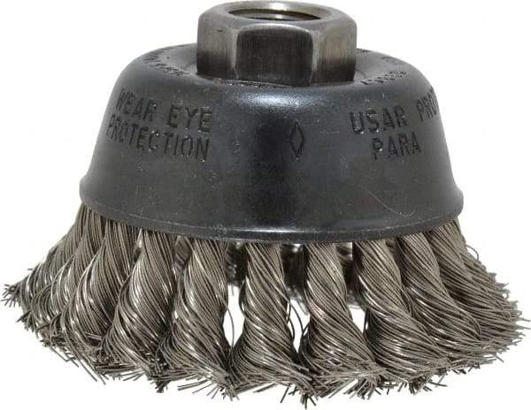 Osborn - 2-3/4" Diam, 5/8-11 Threaded Arbor, Stainless Steel Fill Cup Brush - 0.014 Wire Diam, 14,000 Max RPM - Apex Tool & Supply