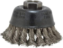 Osborn - 2-3/4" Diam, 5/8-11 Threaded Arbor, Stainless Steel Fill Cup Brush - 0.014 Wire Diam, 14,000 Max RPM - Apex Tool & Supply