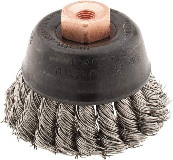 Osborn - 2-3/4" Diam, 3/8-24 Threaded Arbor, Stainless Steel Fill Cup Brush - 0.02 Wire Diam, 14,000 Max RPM - Apex Tool & Supply