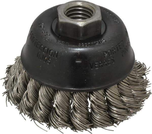 Osborn - 2-3/4" Diam, 5/8-11 Threaded Arbor, Stainless Steel Fill Cup Brush - 0.02 Wire Diam, 14,000 Max RPM - Apex Tool & Supply