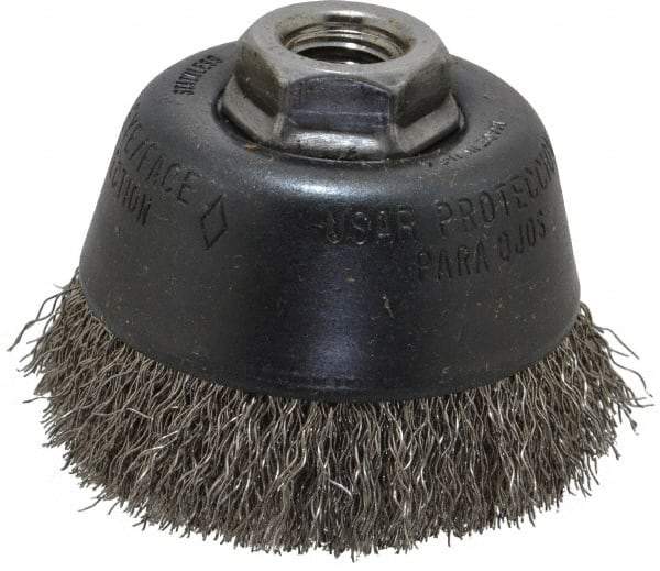 Osborn - 3-1/2" Diam, 5/8-11 Threaded Arbor, Stainless Steel Fill Cup Brush - 0.014 Wire Diam, 7/8" Trim Length, 14,000 Max RPM | Apex Tool & Supply