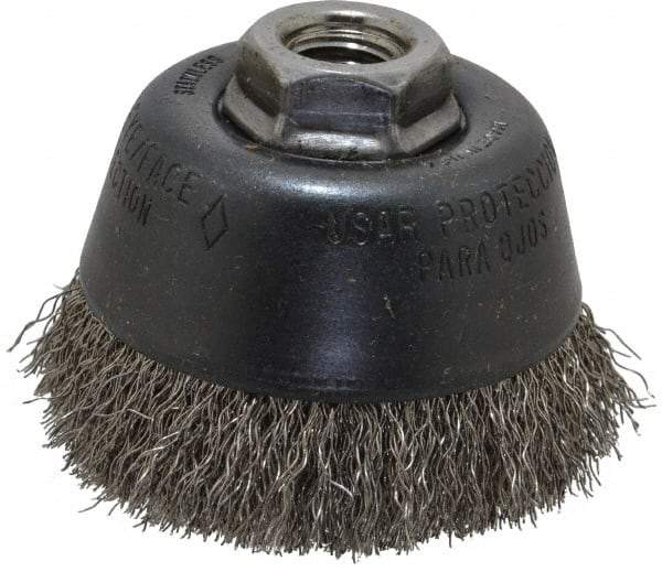 Osborn - 3-1/2" Diam, 5/8-11 Threaded Arbor, Stainless Steel Fill Cup Brush - 0.014 Wire Diam, 7/8" Trim Length, 14,000 Max RPM - Apex Tool & Supply