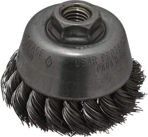 Osborn - 3-1/2" Diam, 5/8-11 Threaded Arbor, Steel Fill Cup Brush - 0.02 Wire Diam, 7/8" Trim Length, 14,000 Max RPM - Apex Tool & Supply