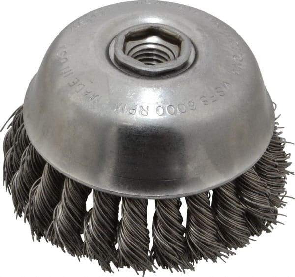 Osborn - 4" Diam, 5/8-11 Threaded Arbor, Steel Fill Cup Brush - 0.025 Wire Diam, 1-1/4" Trim Length, 6,000 Max RPM - Apex Tool & Supply