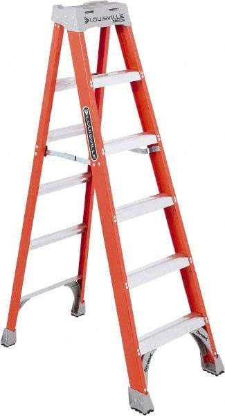 Louisville - 5 Steps, 6' High, Type IA Rating, Fiberglass Step Ladder - 300 Lb Capacity, 22-9/16" Base Width - Apex Tool & Supply