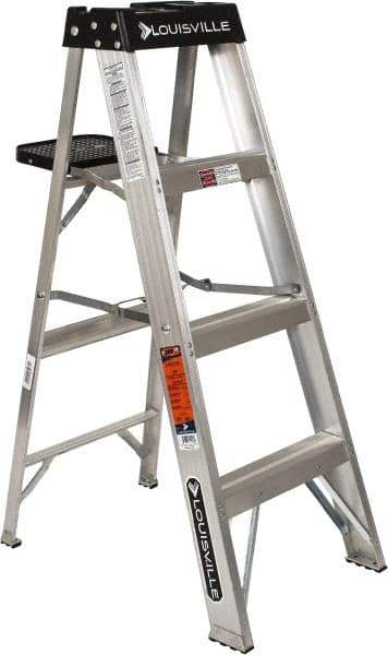 Louisville - 3 Steps, 4' High, Type IA Rating, Aluminum Step Ladder - 300 Lb Capacity, 18-5/8" Base Width - Apex Tool & Supply