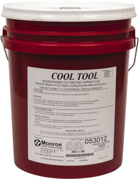 Monroe Fluid Technology - Cool Tool, 5 Gal Pail Cutting & Tapping Fluid - Straight Oil, For Blanking, Boring, Broaching, Drilling, Hobbing, Milling, Reaming, Tapping, Turning - Apex Tool & Supply