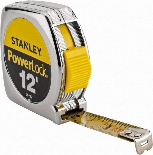 Stanley - 12' x 1/2" Yellow Blade Tape Measure - 1/32 & 1/16" Graduation, Inch Graduation Style, Silver Case - Apex Tool & Supply