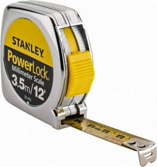 Stanley - 12' x 1/2" Yellow Blade Tape Measure - 1/32 & 1/16" Graduation, Inch/Metric Graduation Style, Silver Case - Apex Tool & Supply