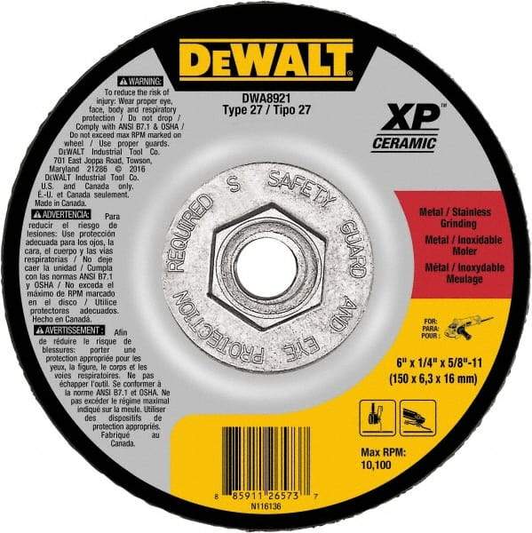 DeWALT - 24 Grit, 6" Wheel Diam, Type 27 Depressed Center Wheel - Coarse/Medium Grade, Ceramic, N Hardness, 10,100 Max RPM - Apex Tool & Supply