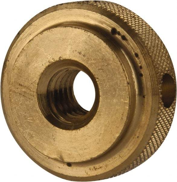 Gibraltar - 5/16-18" UNC Thread, Uncoated, Brass Round Knurled Check Nut - 3/8" Overall Height, 1" Head Diam, 3/4" Diam x 3/32" Base Height - Apex Tool & Supply