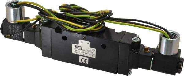 Parker - 3/8" Inlet x 3/8" Outlet, Double Solenoid Actuator, Solenoid Return, 2 Position, Body Ported Solenoid Air Valve - 120 VAC Input, 88 CFM, 2.8 CV, 4 Way, 145 psi, 7-3/10" Long x 1.15" Wide x 3.97" High, 0 to 160°F - Apex Tool & Supply
