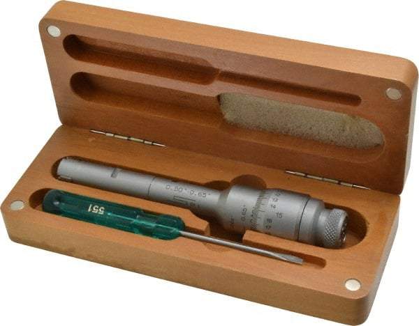 SPI - 0.5 to 0.65", 2.36" Gage Depth, Mechanical Inside Hole Micrometer - 0.0002" Graduation, 0.0002" Accuracy, Ratchet Stop Thimble - Apex Tool & Supply