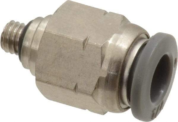 Norgren - 1/4" Tube OD, 10-32 UNF Brass Push-to-Connect Tube Male Connector - Tube to Male UNF Connection, 150 Max psi, Nitrile O-Ring, 0 to 175°F Working Temp - Apex Tool & Supply