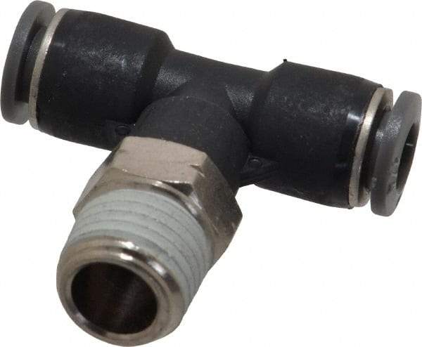 Norgren - 1/4" Tube OD, 1/4 NPTF Brass Push-to-Connect Tube Male Swivel Branch Tee - Tube to Male NPT Connection, 150 Max psi, Nitrile O-Ring, 0 to 175°F Working Temp - Apex Tool & Supply