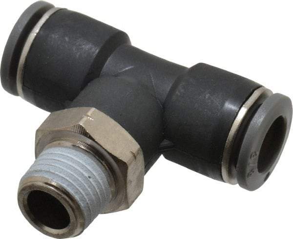 Norgren - 3/8" Tube OD, 1/4 NPTF Brass Push-to-Connect Tube Male Swivel Branch Tee - Tube to Male NPT Connection, 150 Max psi, Nitrile O-Ring, 0 to 175°F Working Temp - Apex Tool & Supply