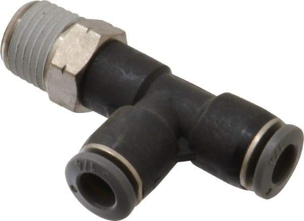 Norgren - 1/4" Tube OD, 1/4 NPTF Brass Push-to-Connect Tube Male Swivel Run Tee - Tube to Male NPT Connection, 150 Max psi, Nitrile O-Ring, 0 to 175°F Working Temp - Apex Tool & Supply