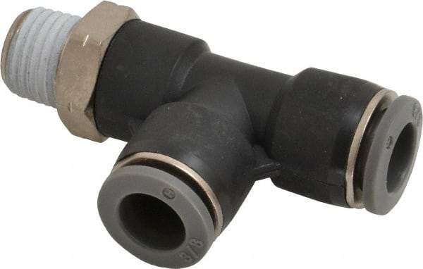 Norgren - 3/8" Tube OD, 1/4 NPTF Brass Push-to-Connect Tube Male Swivel Run Tee - Tube to Male NPT Connection, 150 Max psi, Nitrile O-Ring, 0 to 175°F Working Temp - Apex Tool & Supply
