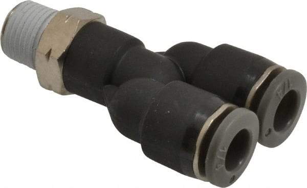 Norgren - 1/4" Tube OD, 1/8 NPTF Brass Push-to-Connect Tube Male Parallel Y - Tube to Male NPT Connection, 150 Max psi, Nitrile O-Ring, 0 to 175°F Working Temp - Apex Tool & Supply