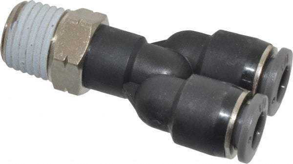 Norgren - 1/4" Tube OD, 1/4 NPTF Brass Push-to-Connect Tube Male Parallel Y - Tube to Male NPT Connection, 150 Max psi, Nitrile O-Ring, 0 to 175°F Working Temp - Apex Tool & Supply