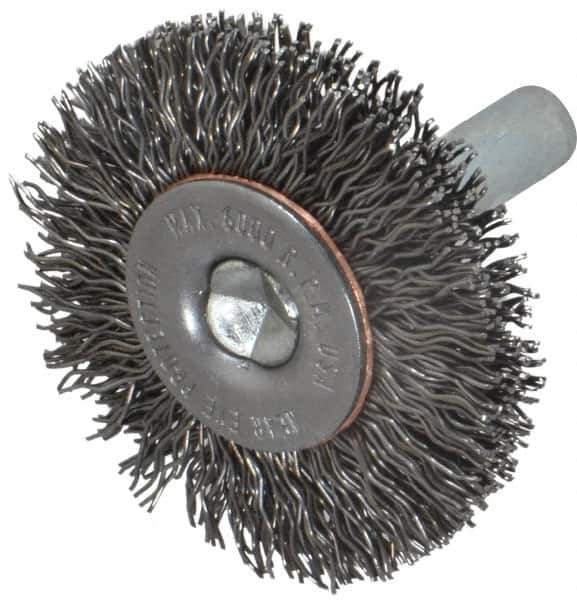 Made in USA - 1-1/2" OD, 1/4" Shank Diam, Crimped Steel Wheel Brush - 1/4" Face Width, 0.014" Filament Diam, 6,000 RPM - Apex Tool & Supply