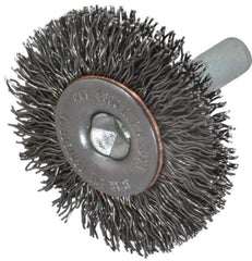 Made in USA - 1-1/2" OD, 1/4" Shank Diam, Crimped Steel Wheel Brush - 1/4" Face Width, 0.014" Filament Diam, 6,000 RPM - Apex Tool & Supply
