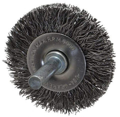 Made in USA - 2" OD, 1/4" Shank Diam, Crimped Steel Wheel Brush - 1/4" Face Width, 0.014" Filament Diam, 6,000 RPM - Apex Tool & Supply
