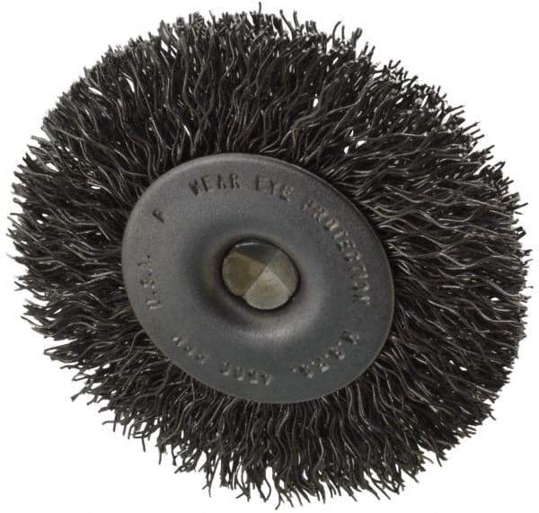 Made in USA - 2-1/2" OD, 1/4" Shank Diam, Crimped Steel Wheel Brush - 1/4" Face Width, 0.014" Filament Diam, 4,500 RPM - Apex Tool & Supply