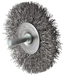 Made in USA - 3" OD, 1/4" Shank Diam, Crimped Steel Wheel Brush - 1/4" Face Width, 0.014" Filament Diam, 4,500 RPM - Apex Tool & Supply