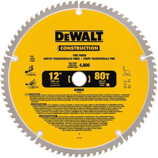DeWALT - 12" Diam, 1" Arbor Hole Diam, 80 Tooth Wet & Dry Cut Saw Blade - Carbide-Tipped, General Purpose Action, Standard Round Arbor - Apex Tool & Supply