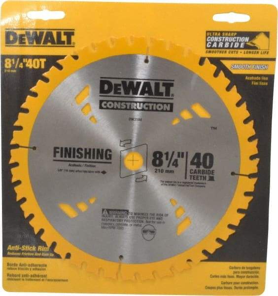 DeWALT - 8-1/4" Diam, 5/8" Arbor Hole Diam, 40 Tooth Wet & Dry Cut Saw Blade - Carbide-Tipped, General Purpose Action, Diamond Arbor - Apex Tool & Supply