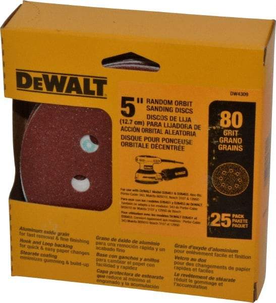 DeWALT - 5" Diam, 80 Grit, Aluminum Oxide Hook & Loop Disc - Medium Grade, Coated, Paper Backing, - Apex Tool & Supply
