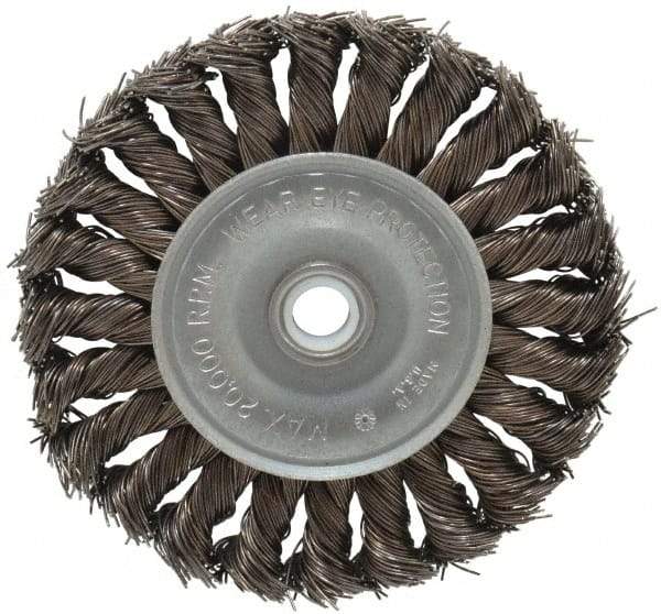 Anderson - 4" OD, 1/2" Arbor Hole, Knotted Steel Wheel Brush - 1/2" Face Width, 1" Trim Length, 0.02" Filament Diam, 20,000 RPM - Apex Tool & Supply