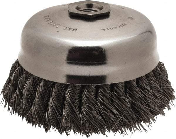 Anderson - 5" Diam, 5/8-11 Threaded Arbor, Steel Fill Cup Brush - 0.014 Wire Diam, 1-1/4" Trim Length, 7,000 Max RPM - Apex Tool & Supply