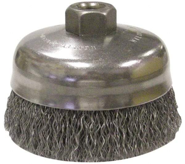 Anderson - 5" Diam, 5/8-11 Threaded Arbor, Steel Fill Cup Brush - 0.014 Wire Diam, 1-1/4" Trim Length, 9,000 Max RPM - Apex Tool & Supply