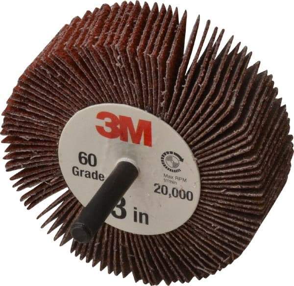 3M - 3" Diam x 1" Face Width, Medium Ceramic Alumina Coated Mounted Flap Wheel - 1/4" Shank Mount, 60 Grit, X Weighted Cloth Backing, 20,000 Max RPM - Apex Tool & Supply