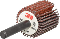 3M - 1" Diam x 1" Face Width, Medium Ceramic Alumina Coated Mounted Flap Wheel - 1/4" Shank Mount, 60 Grit, X Weighted Cloth Backing, 30,000 Max RPM - Apex Tool & Supply