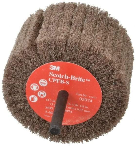 3M - 3" Diam x 1-3/4" Face Width, Medium Aluminum Oxide Nonwoven Mounted Flap Wheel - 1/4" Shank Mount, 8,500 Max RPM - Apex Tool & Supply
