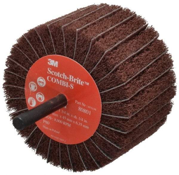 3M - 3" Diam x 1-3/4" Face Width, Medium Aluminum Oxide Coated Mounted Flap Wheel - 1/4" Shank Mount, 80 Grit, X Weighted Backing, 7,500 Max RPM - Apex Tool & Supply