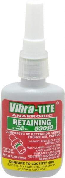 Vibra-Tite - 10 mL Bottle, Green, High Strength Liquid Retaining Compound - Series 530, 24 hr Full Cure Time, Hand Tool Removal - Apex Tool & Supply
