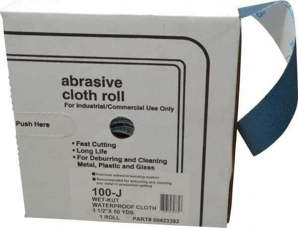 Value Collection - 1-1/2" x 50 Yd 100 Grit Aluminum Oxide Cloth Roll - Fine Grade, J Weighted Backing - Apex Tool & Supply