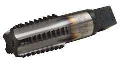 Hertel - 1/2-14 NPT, 5 Flutes, TiCN Coated, High Speed Steel, Interrupted Thread Pipe Tap - 11/16 Inch Shank Diameter, 11/16 Inch Shank Diameter, 1-3/8 Inch Thread Length, 0.51 Inch Square Size, Regular Hook - Apex Tool & Supply