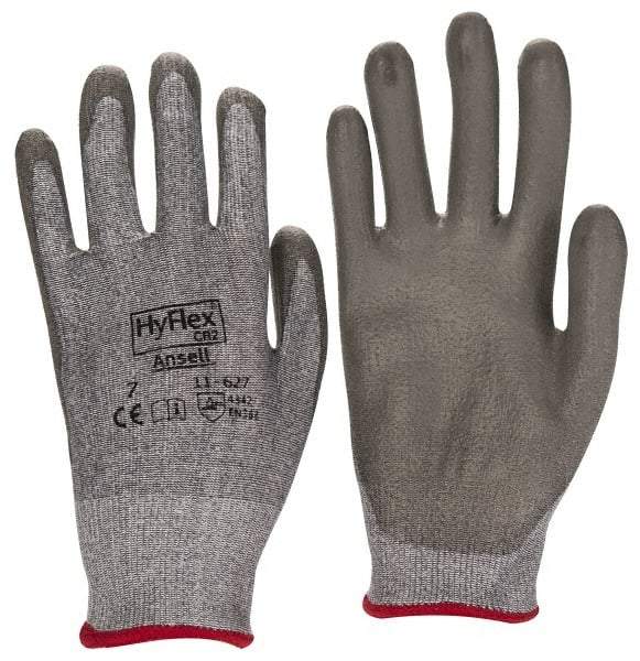 Ansell - Size S (7), ANSI Cut Lvl 2, Abrasion Lvl 6, Polyurethane Coated Cut Resistant Gloves - 8.5" Long, Palm & Fingers Coated, Dyneema/Lycra Lining, Knit Wrist, Gray/Gray, Paired - Apex Tool & Supply