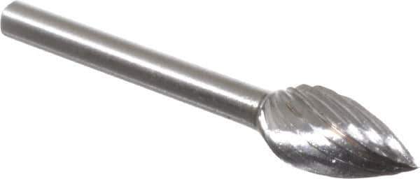 Made in USA - 1/4" Cut Diam, 1/8" Shank Diam, Flame Head Single Cut Burr - High Speed Steel, Radius End, 1/2" LOC, 1-1/2" OAL - Apex Tool & Supply